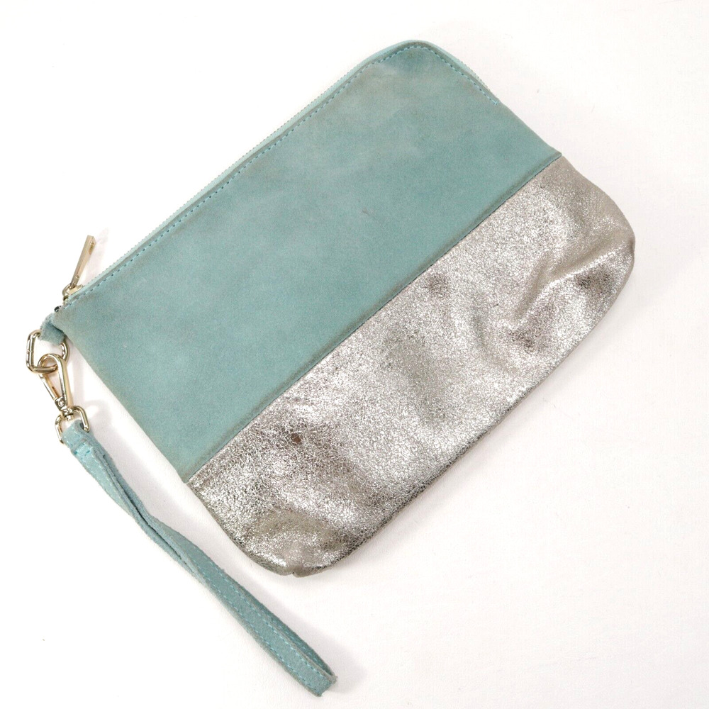 Street Level Wristlet Handbag Blue Silver Cowhide Leather Lined Pouch Purse Bag